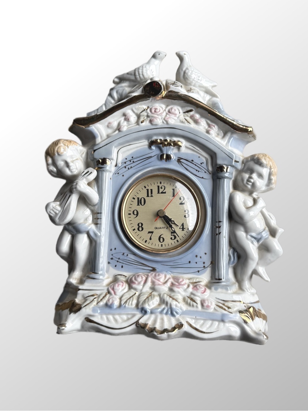 Porcelain Cherub Mantel Clock Wall Decor in White and Gold